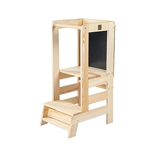 MEOWBABY Lernturm für Baby Kinder Trittschemel Mit Einer Tafel Kinder Schemel aus Holz Lernstuhl Montessori Küchenhelfer Naturholz Learning Tower