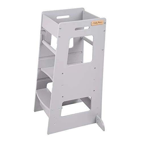 KiddyMoon Lernturm Für Kinder Baby Lernstuhl Montessori Küchenhelfer ST-003, Sperrholz/Grau