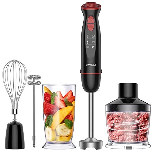 VAVSEA 5-in-1 Stabmixer Set, 1000 Watt Pürierstab(Edelstahl-Mixfuß, Schneebesen, 600ml Mixbecher, 500ml Zerkleinerer,12 Geschwindigkeitsstufen),BPA-freie,Leise mit Leichte Reinigung, schwarz/rot
