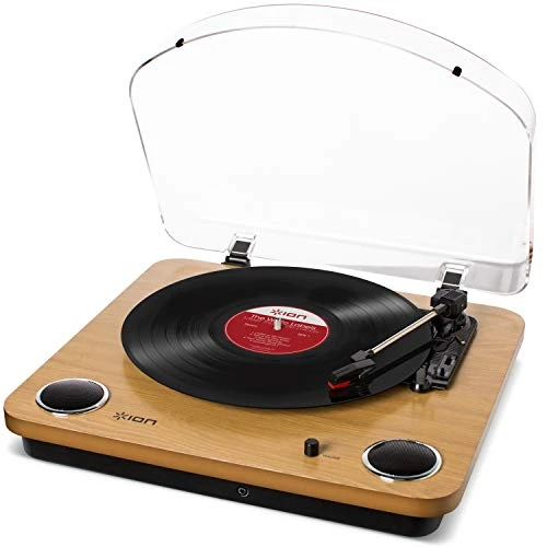 ION Audio Max LP - USB Plattenspieler Retro mit Lautsprecher, 3 Abspielgeschwindigkeiten, Konvertierungssoftware Vinyl zu MP3 für MAC und PC, Holzfinish