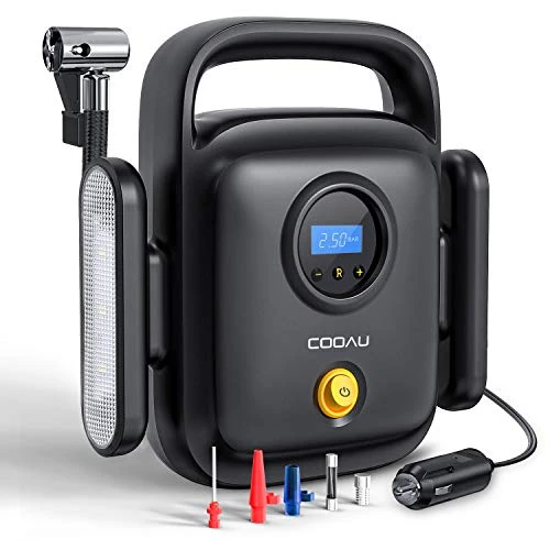Coolau Tragbarer Luftkompressor, 12 V, 150 PSI, elektrischer Luftkompressor, digitaler LCD-Display, mit LED-Lampe, kompatibel mit Fahrzeugen, Motorrad, Fahrrad