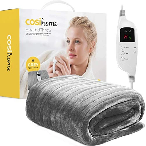 Cosi Home XL Heizdecke 180 x 130 cm - Extra große elektrische Wärmedecke mit Abschaltautomatik, waschbare Kuscheldecke mit digitaler Bedienung, Timer und 9 Heizstufen - Grau