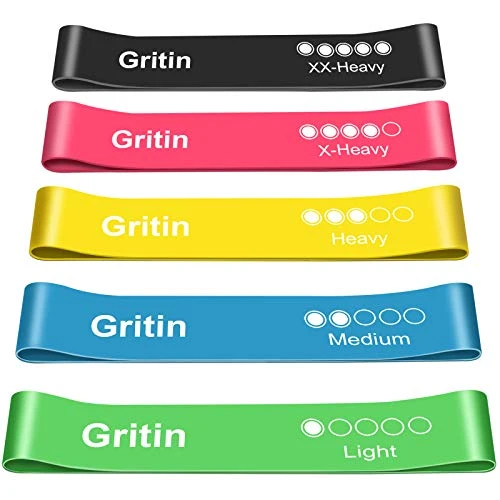 Gritin Widerstandsbänder [5er Set] Fitnessband Gymnastikband 100% Latex Theraband mit Übungsanleitung auf Deutsch & Tragebeutel für Muskelaufbau, Yoga, Crossfit, Gymnastik usw.