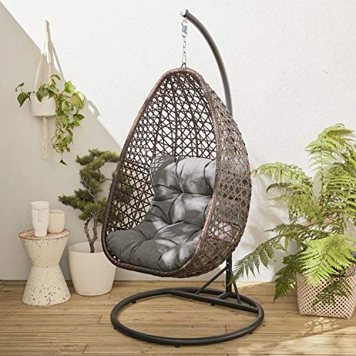 Alice 's Garden – Hängesessel – Uovo –  Hängekorb aus Polyrattan, braun und dickes Kissen  Grau, Sitz Retro in Form eines Ei, Hängematte
