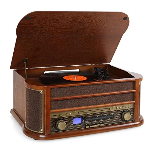 Auna rm1-belle Epoque 1908 – Kette Stereo Retro Multifunktions mit Platin Vinyl, CD-Player und K7, Radio und Aufnahme MP3 (USB, AUX, Tuner AM/FM) – Holz und Stoff vintage