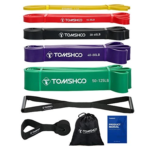 TOMSHOO 5 Packs Resistance Bänder Set, Wiederstandbänder, Pull Up Resistance Loop Bänder Powerlifting Dehnungsbänder mit Türanker und Handgriffen (5-315lb)