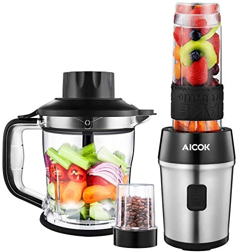 Aicok Mixer Standmixer (700W, 26.000 U/min) Blender 3-in-1 Smoothie Maker + Zerkleinerer + Kaffeemühle, 600ml Tritan-Trinkflaschen mit Deckel, BPA-frei