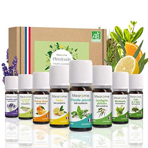 Mearome - Box 8 x 10 ml Bio ätherische Öle + Aromatherapie-Führer - Made in France