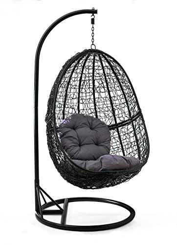 JOM Car Parts & Car Hifi GmbH 127426 Hängesessel Polyrattan mit Gestell Hängestuhl Hängeschaukel Hängekorb Inkl. Sitz und Rückenkissen bis 160 KG