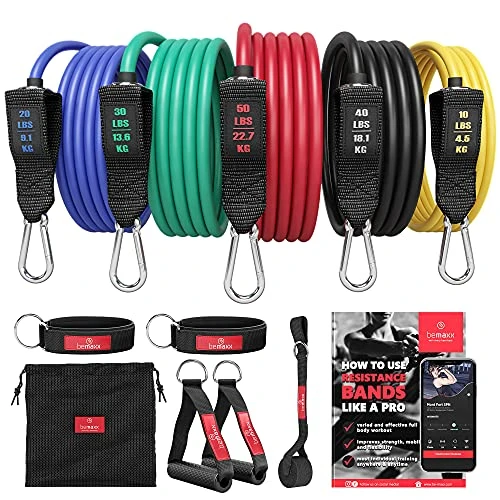 Resistance Bands Widerstandsband Set mit Trainings-eBook - Expander Tubes Bänder Band Fitnessbänder - Widerstandsbandset: 5 Widerstandsbänder, Griffe, Türanker, Fußschlaufen | Fitnessband Fitness