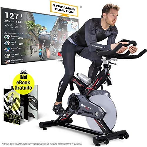 Sportstech Profi Indoor Cycle SX400 | Deutsches Qualitätsunternehmen | mit Video Events & Multiplayer App | 22KG Schwungrad | Pulsgurt kompatibel | Speedbike Ergometer mit leisem Riemenantrieb (SX400_fr3)